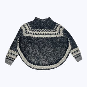 Pull enfant manches longues noir aux formes géométriques argent blanc, col montant. Seconde main.