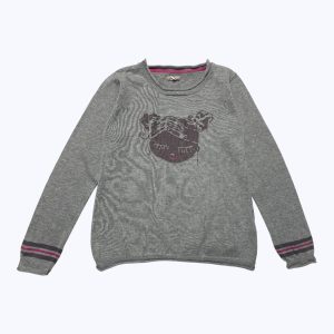 Pull enfant léger manches longues gris clair motif tête de fillette devant. Seconde main.