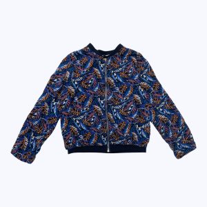 Veste enfant manches longues bleu motifs feuilles zippée devant entièrement doublée. Seconde main.