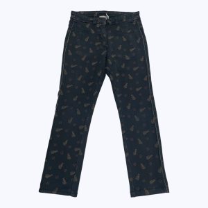 Pantalon 3/4 noir motifs pois moutarde et vieux rose. Seconde main.