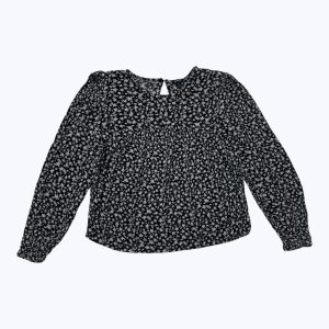 Blouse enfant manches longues noire motifs blanc boutonnage au dos. Seconde main.