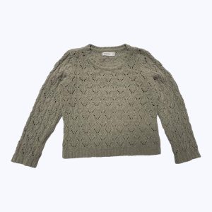 Pull enfant manches longues kaki ajoure en fil velours et dore. Seconde main.
