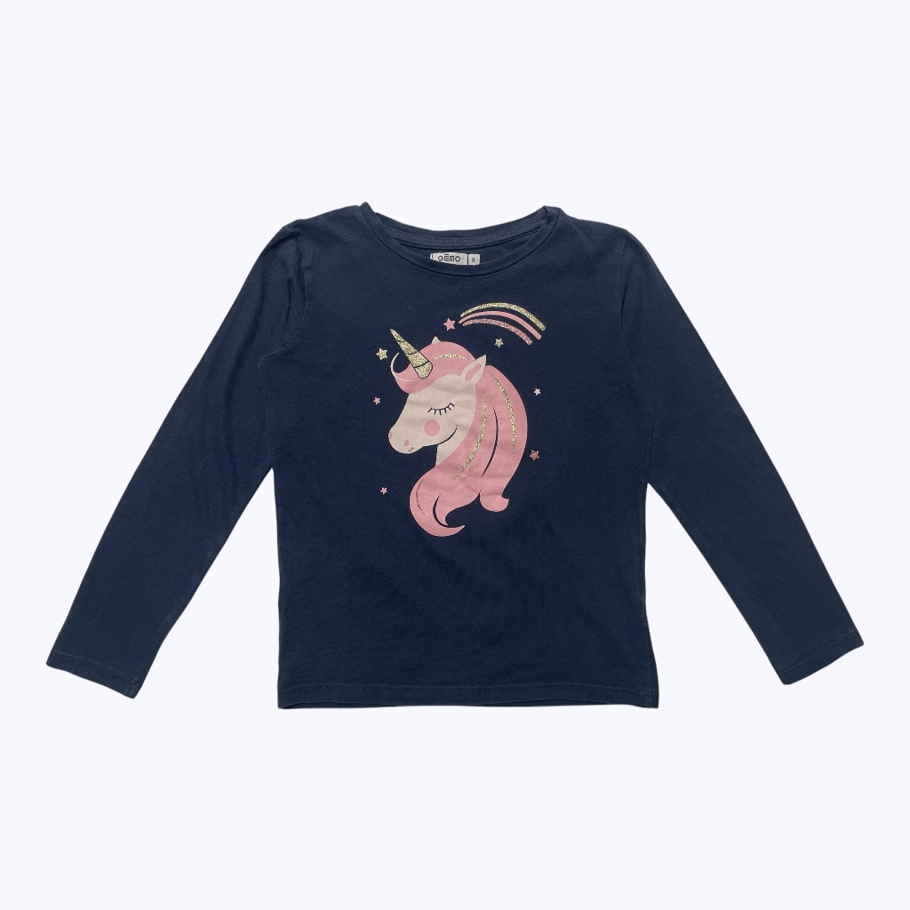 T-shirt enfant manches longues bleu marine sérigraphie licorne devant. Seconde main.