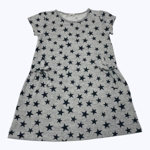 Robe enfant manches courtes maille grise motifs étoiles noire nœud côté. Seconde main.