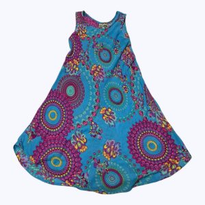 Robe enfant débardeur bleu motifs géométriques rose jaune rouge violet. Seconde main.