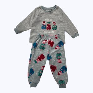 Pyjama bébé deux pièces gris clair chiné motifs petits cochons. Seconde main.
