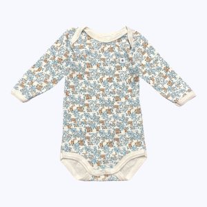 Body bébé manches longues blanc motifs chouettes lapins champignons marron et bleu clair. Seconde main.