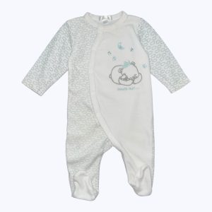 Dors bien bébé manches longues velours blanc broderie et motifs gris et turquoise. Seconde main.