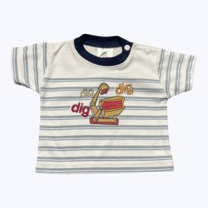 T-shirt bébé manches courtes blanc rayé de bleu et gris clair, patte boutonnage épaule. Seconde main.