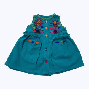 Robe bébé débardeur bleu turquoise broderie relief colorées ouverture centrale devant avec des boutons colorés. Seconde main.