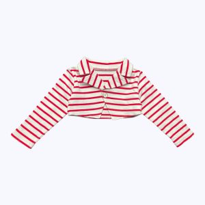 Gilet boléro bébé rayé crème rouge, col chemise manches longues. Seconde main.