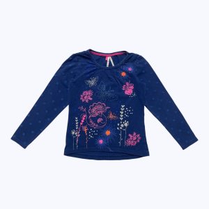 T-shirt enfant manches longues bleu foncé sérigraphie papillons rose argent. Seconde main.