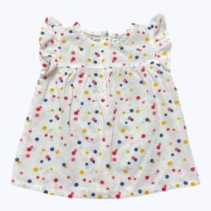 Blouse bébé manches courtes volantées blanches à pois colorés, ouverture centrale dos. Seconde main.