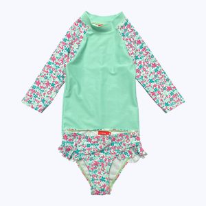 Ensemble enfant maillot de bain vert d'eau à petites fleurs rose, manches longues. Seconde main.