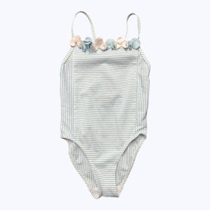 Maillot de bain enfant rayé blanc bleu ciel fleurs bleu rose. Seconde main.