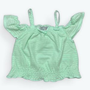 Débardeur enfant manches courtes et bretelles vert d'eau fines rayures pailletées smocks poitrine. Seconde main.
