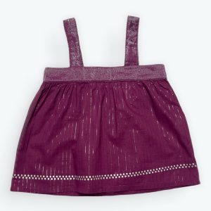 Blouse enfant lie de vin rayée fil argenté, bretelles patte de boutonnage au dos. Seconde main.