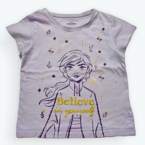 T-shirt enfant manches courtes parme sérigraphie Frozen prune et crème. Seconde main.
