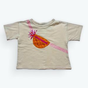 T-shirt enfant manches courtes vieux rose broderie ananas moutarde. Seconde main.