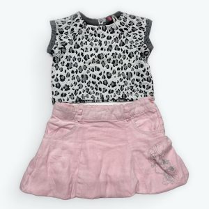 Ensemble enfant t-shirt manches courtes léopard et jupe rose dessin Minnie. Seconde main.