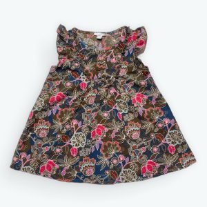 Blouse enfant manches courtes volantées marron motif floral coloré. Patte de boutonnage devant. Seconde main.