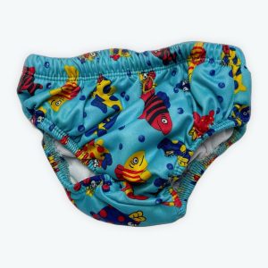 Maillot bébé bleu turquoise à motifs poissons rouge et jaune. Seconde main.