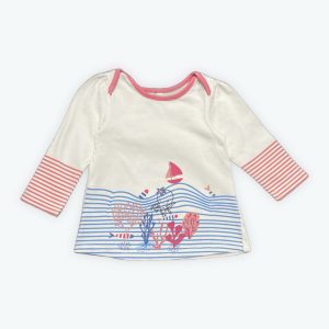 T-shirt bébé manches longues esprit mer rayé bleu et rose sur fond blanc. Seconde main.