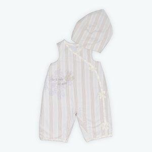 Ensemble bébé salopette débardeur et fichu rayé blanc beige parme. Seconde main.