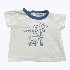 T-shirt bébé manches courtes blanc dessin palmier et encolure bleu. Patte de boutonnage dos. Seconde main.