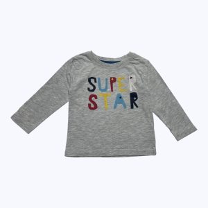 T-shirt bébé manches longues gris clair imprimé message coloré devant. Seconde main.