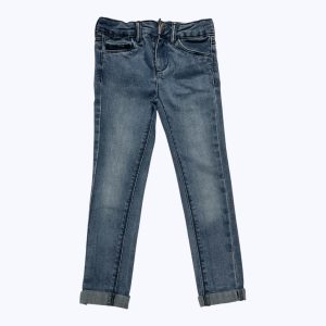 Pantalon enfant jean bleu revers au bas, taille ajustable. Seconde main.