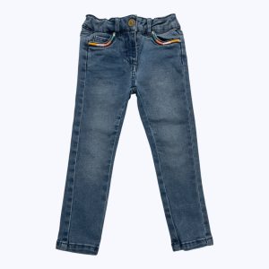Pantalon enfant jean broderies aux poches, taille ajustable. Seconde main.