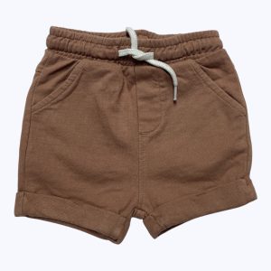 Short bébé marron revers au bas, taille élastique et cordon. Seconde main.