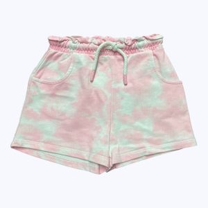 Short enfant maille blanc et rose, taille élastique et cordon. Seconde main.