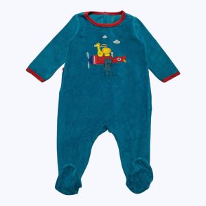 Dors bien bébé velours manches longues bleu canard, sérigraphie avion rouge et jaune devant. Seconde main.