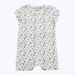 Combishort maille bébé manches courtes blanc imprimé étoile lune pressions entrejambe. Seconde main.