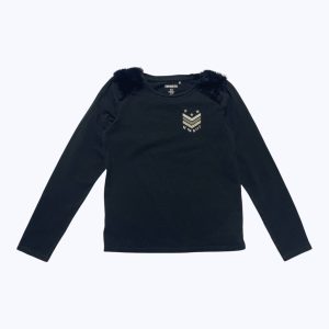 T-shirt enfant manches longues noir, fourrure aux épaules, sérigraphie armée blanc doré kaki. Seconde main.