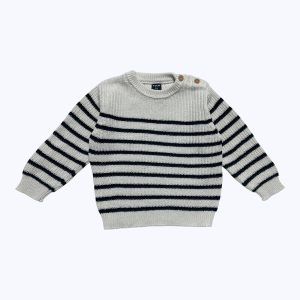 Pull bébé manches longues rayé blanc bleu marine patte boutonnage épaule. Seconde main.