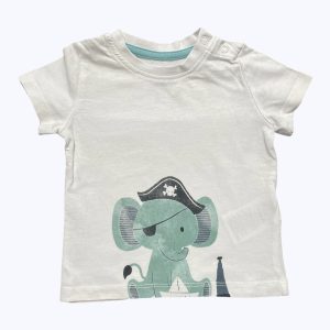 T-shirt bébé manches courtes blanc dessin éléphant pirate, patte de boutonnage épaule. Seconde main.