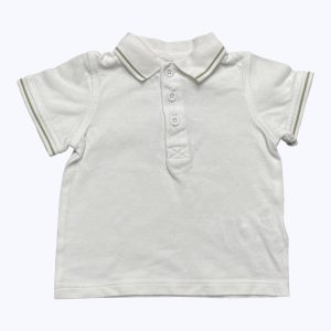Polo bébé manches courtes blanc liseré kaki patte de boutonnage devant. Seconde main.