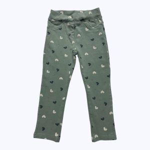 Legging enfant molleton vert amande motifs cœurs crème et noir. Seconde main.