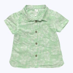 Chemise bébé manches courtes rayée blanc vert d'eau motifs fleurs de tiaré blanches. Seconde main.