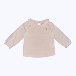 T-shirt bébé manches longues rose pâle col rond, boutonnage au dos, élastiques aux poignets. Seconde main.