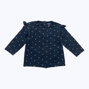 T-shirt bébé manches longues bleu marine motifs petits cœurs blanc, épaules volantées ouverture centrale dos. Seconde main.