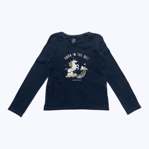 T-shirt enfant manches longues bleu marine sérigraphie licorne. Seconde main.
