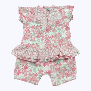Combishort bébé manches courtes élastiquées blanches à motifs rose et vert pastel, patte boutonnage au dos. Seconde main.