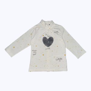 T-shirt bébé col roulé manches longues crème imprimé pois moutarde sérigraphie cœur noir argenté, ouverture centrale dos. Seconde main.
