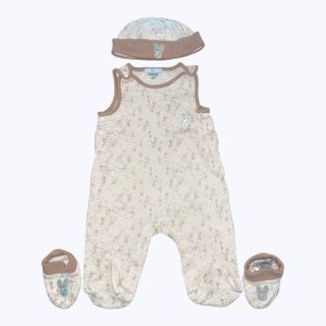 Ensemble bébé dors bien manches débardeur bonnet et chaussons crème beige imprimé petit lapin. Seconde main.
