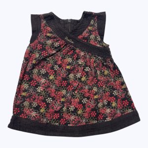 Robe bébé velours fines côtes manches courtes marron rouge crème, motifs géométriques, zip au dos. Seconde main.