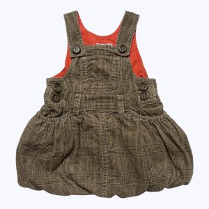 Robe bébé salopette velours fines côtes prince de galle kaki beige, doublée orange pour un effet ballon. Seconde main.